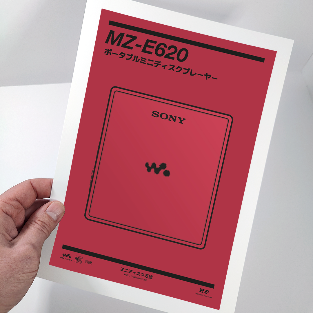 An original Sony MZ-E620 MiniDisc player poster design - a minimal illustration of Sony's iconic MZ-E620 MD player in the red colour way, on a clean red background.