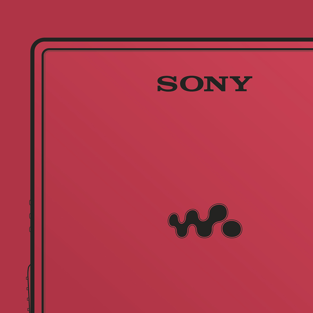 An original Sony MZ-E620 MiniDisc player poster design - a minimal illustration of Sony's iconic MZ-E620 MD player in the red colour way, on a clean red background.