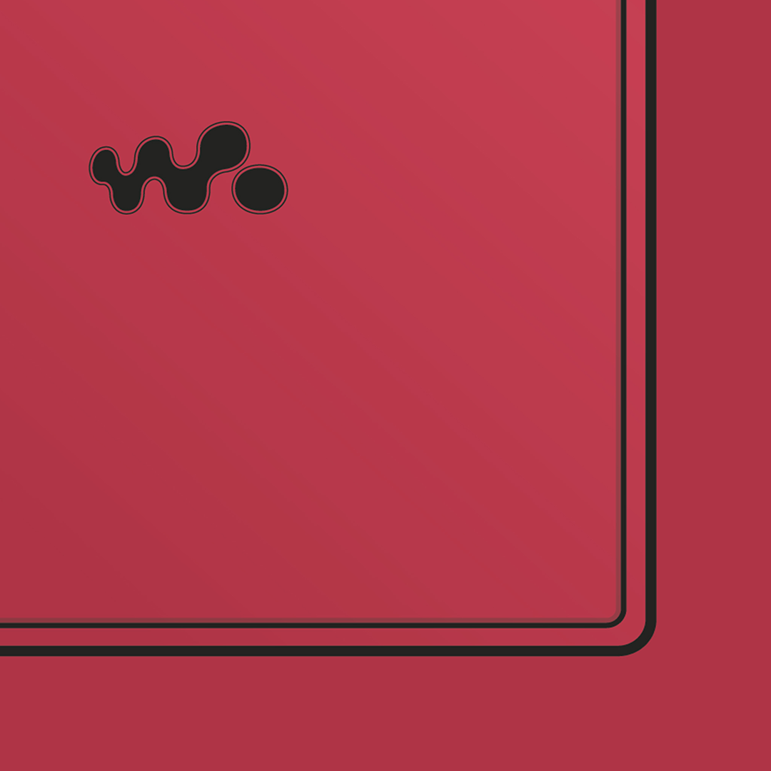 An original Sony MZ-E620 MiniDisc player poster design - a minimal illustration of Sony's iconic MZ-E620 MD player in the red colour way, on a clean red background.