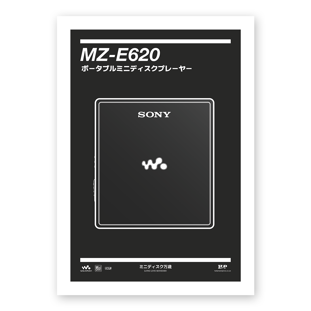 An original Sony MZ-E620 MiniDisc player poster design - a minimal illustration of Sony's iconic MZ-E620 MD player in the black colour way, on a clean black background.