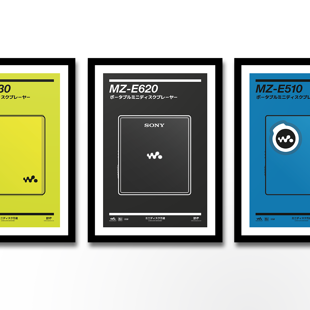 An original Sony MZ-E620 MiniDisc player poster design - a minimal illustration of Sony's iconic MZ-E620 MD player in the black colour way, on a clean black background.