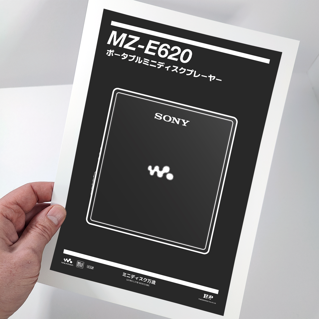 An original Sony MZ-E620 MiniDisc player poster design - a minimal illustration of Sony's iconic MZ-E620 MD player in the black colour way, on a clean black background.