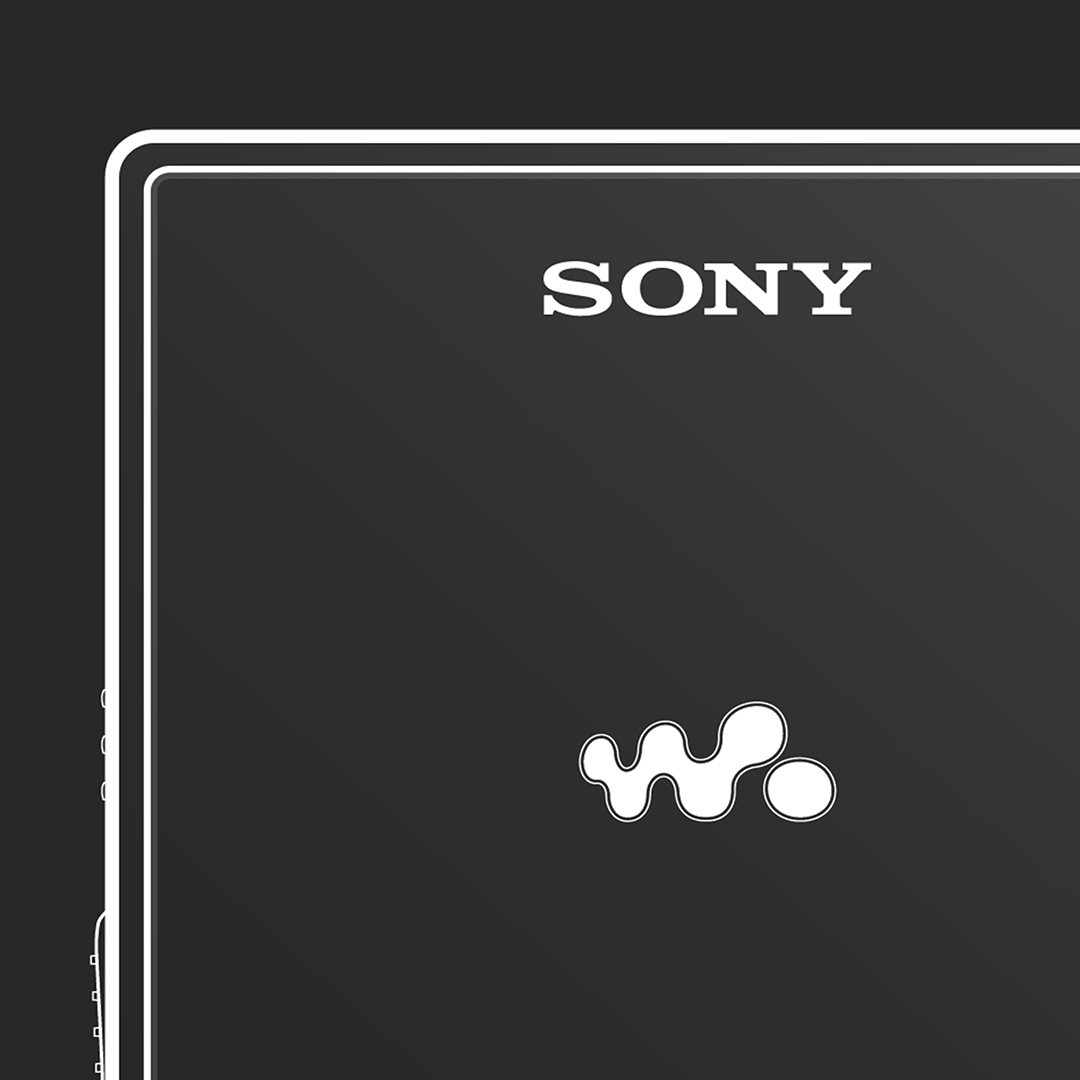 An original Sony MZ-E620 MiniDisc player poster design - a minimal illustration of Sony's iconic MZ-E620 MD player in the black colour way, on a clean black background.