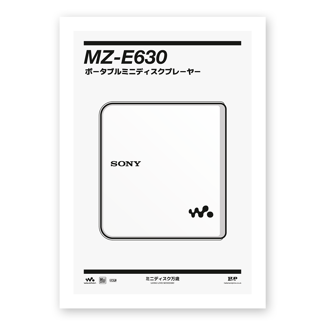 An original Sony MZ-E630 MiniDisc player poster design - a minimal illustration of Sony's iconic MZ-E630 MD player in the white colour way, on a clean light grey background.