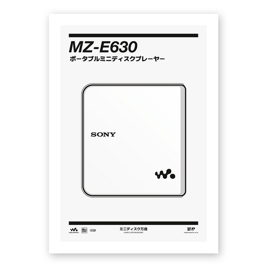 An original Sony MZ-E630 MiniDisc player poster design - a minimal illustration of Sony's iconic MZ-E630 MD player in the white colour way, on a clean light grey background.