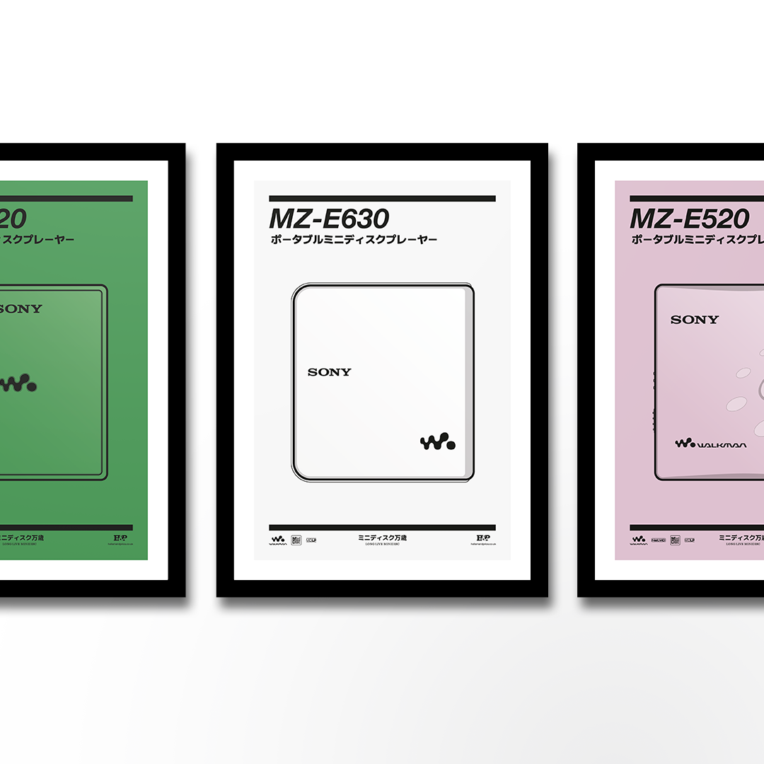 An original Sony MZ-E630 MiniDisc player poster design - a minimal illustration of Sony's iconic MZ-E630 MD player in the white colour way, on a clean light grey background.
