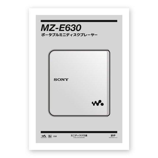 An original Sony MZ-E630 MiniDisc player poster design - a minimal illustration of Sony's iconic MZ-E630 MD player in the silver colour way, on a clean grey background.