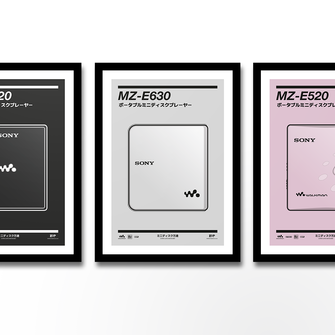 An original Sony MZ-E630 MiniDisc player poster design - a minimal illustration of Sony's iconic MZ-E630 MD player in the silver colour way, on a clean grey background.
