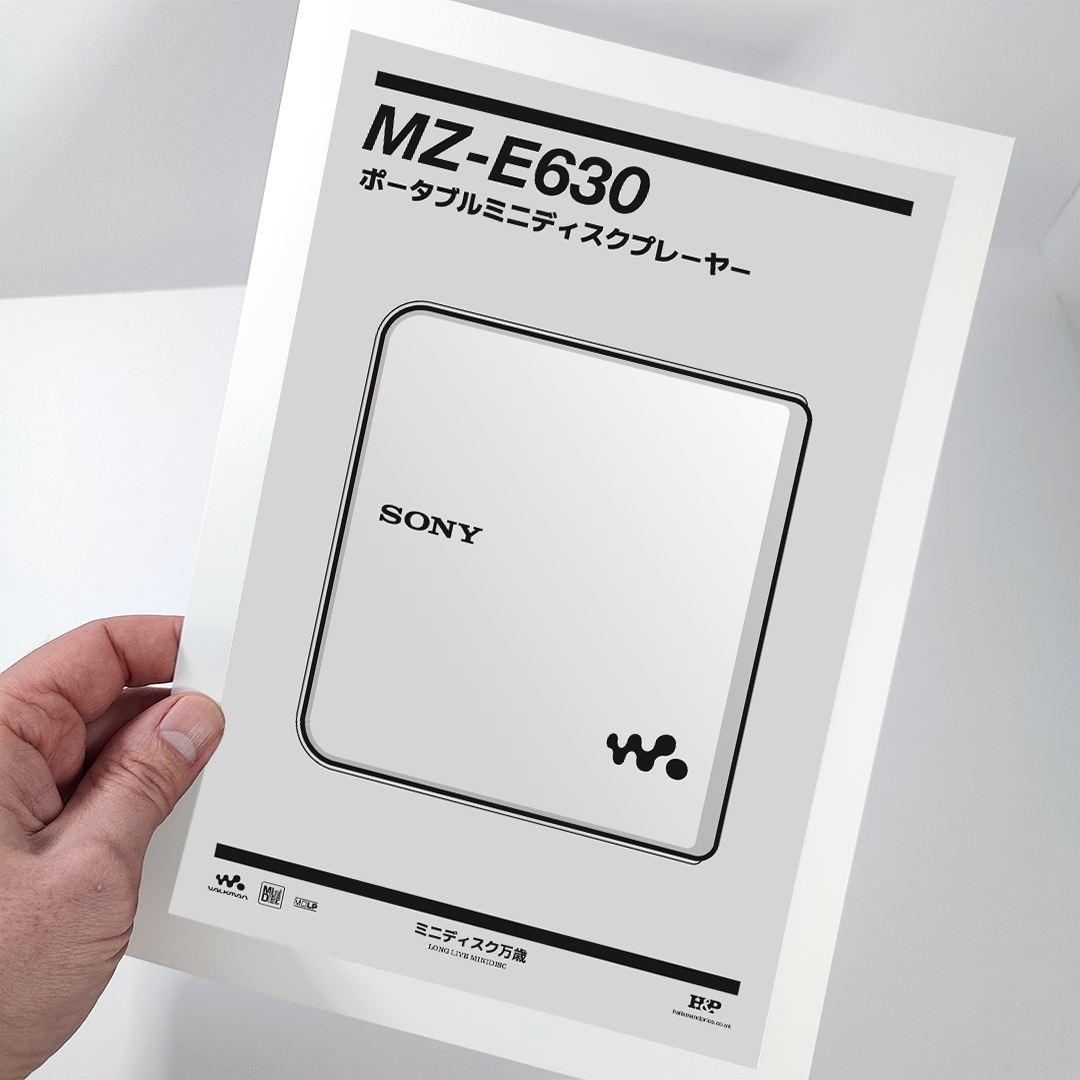 An original Sony MZ-E630 MiniDisc player poster design - a minimal illustration of Sony's iconic MZ-E630 MD player in the silver colour way, on a clean grey background.