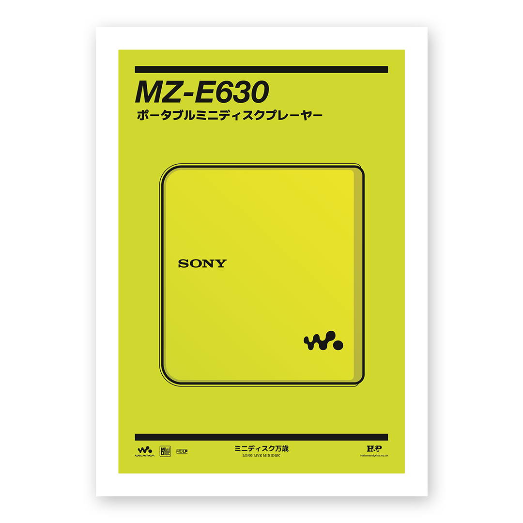 An original Sony MZ-E630 MiniDisc player poster design - a minimal illustration of Sony's iconic MZ-E630 MD player in the lime green colour way, on a clean background.