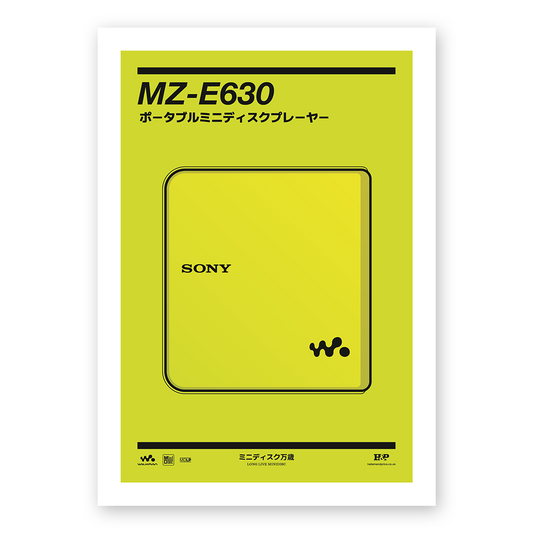 An original Sony MZ-E630 MiniDisc player poster design - a minimal illustration of Sony's iconic MZ-E630 MD player in the lime green colour way, on a clean background.