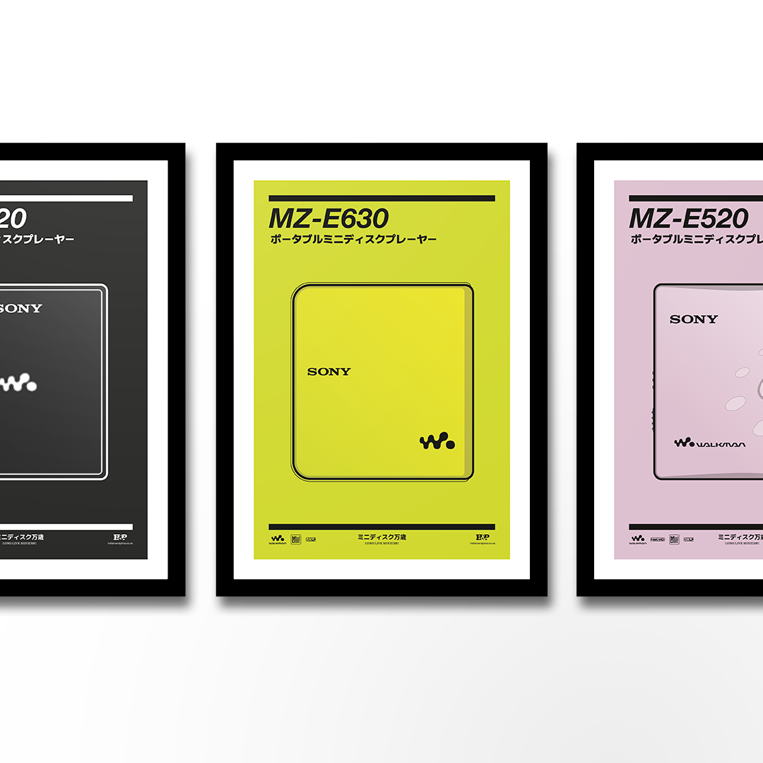 An original Sony MZ-E630 MiniDisc player poster design - a minimal illustration of Sony's iconic MZ-E630 MD player in the lime green colour way, on a clean background.