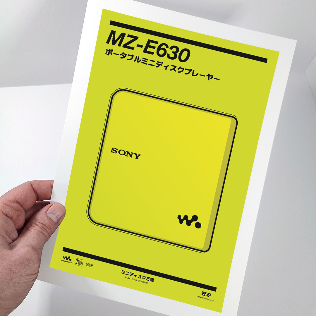An original Sony MZ-E630 MiniDisc player poster design - a minimal illustration of Sony's iconic MZ-E630 MD player in the lime green colour way, on a clean background.
