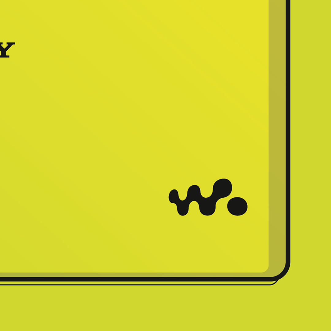 An original Sony MZ-E630 MiniDisc player poster design - a minimal illustration of Sony's iconic MZ-E630 MD player in the lime green colour way, on a clean background.