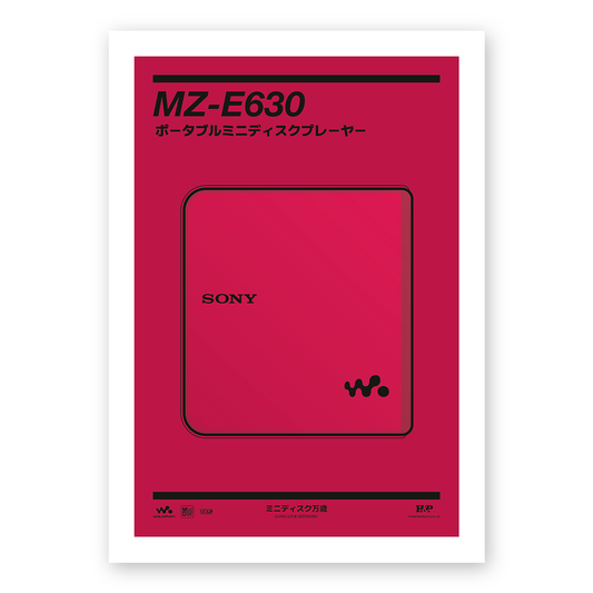 An original Sony MZ-E630 MiniDisc player poster design - a minimal illustration of Sony's iconic MZ-E630 MD player in the red colour way, on a clean red background.