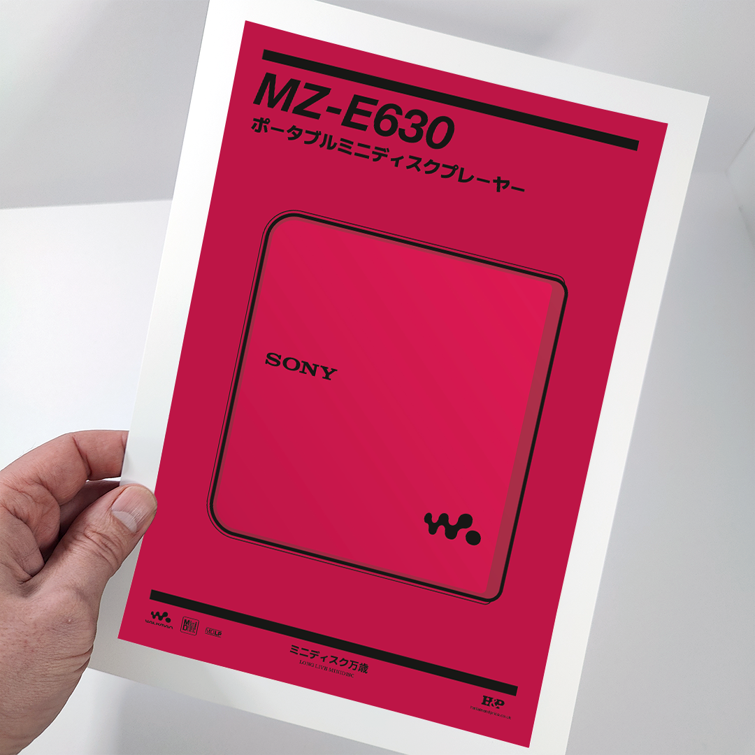 An original Sony MZ-E630 MiniDisc player poster design - a minimal illustration of Sony's iconic MZ-E630 MD player in the red colour way, on a clean red background.