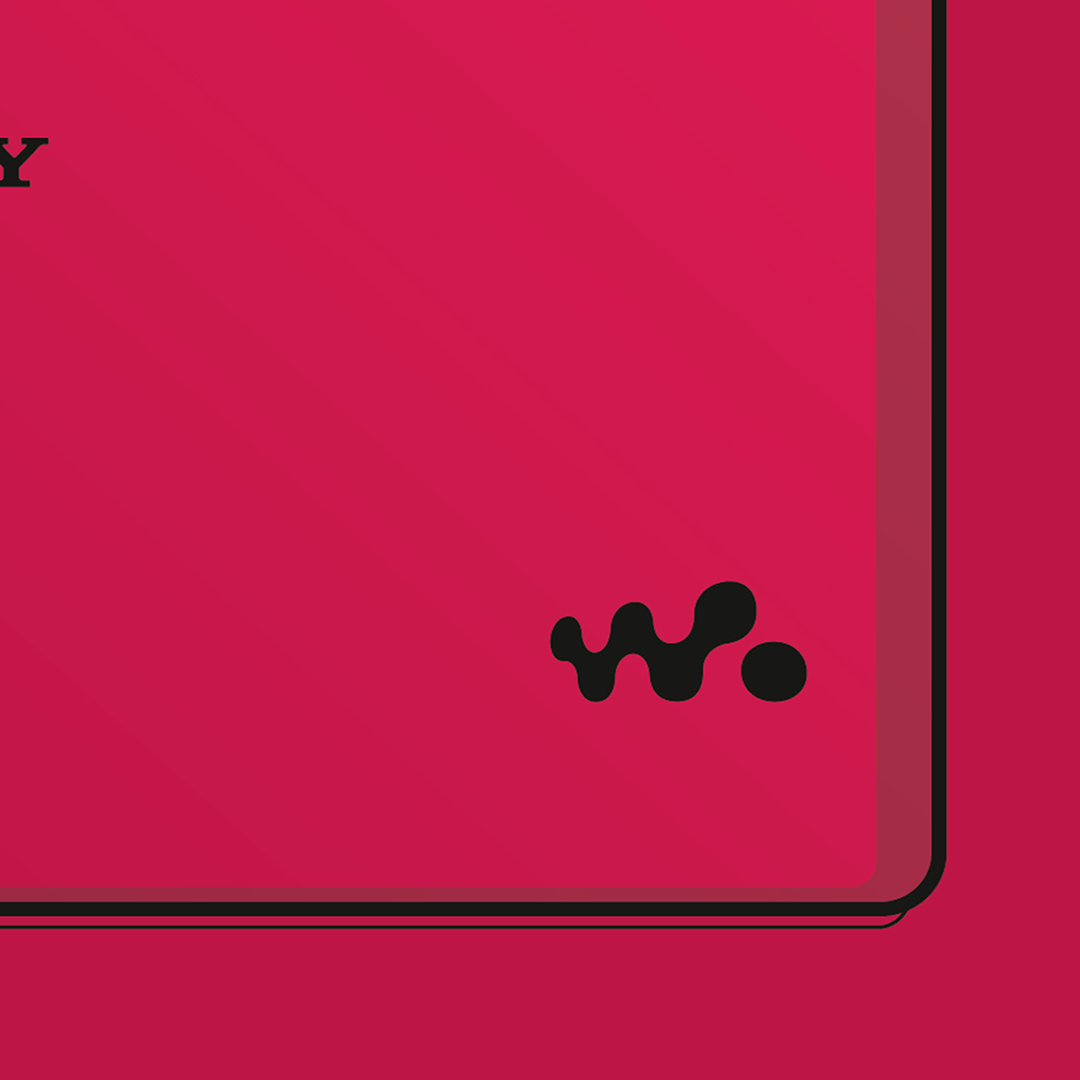 An original Sony MZ-E630 MiniDisc player poster design - a minimal illustration of Sony's iconic MZ-E630 MD player in the red colour way, on a clean red background.
