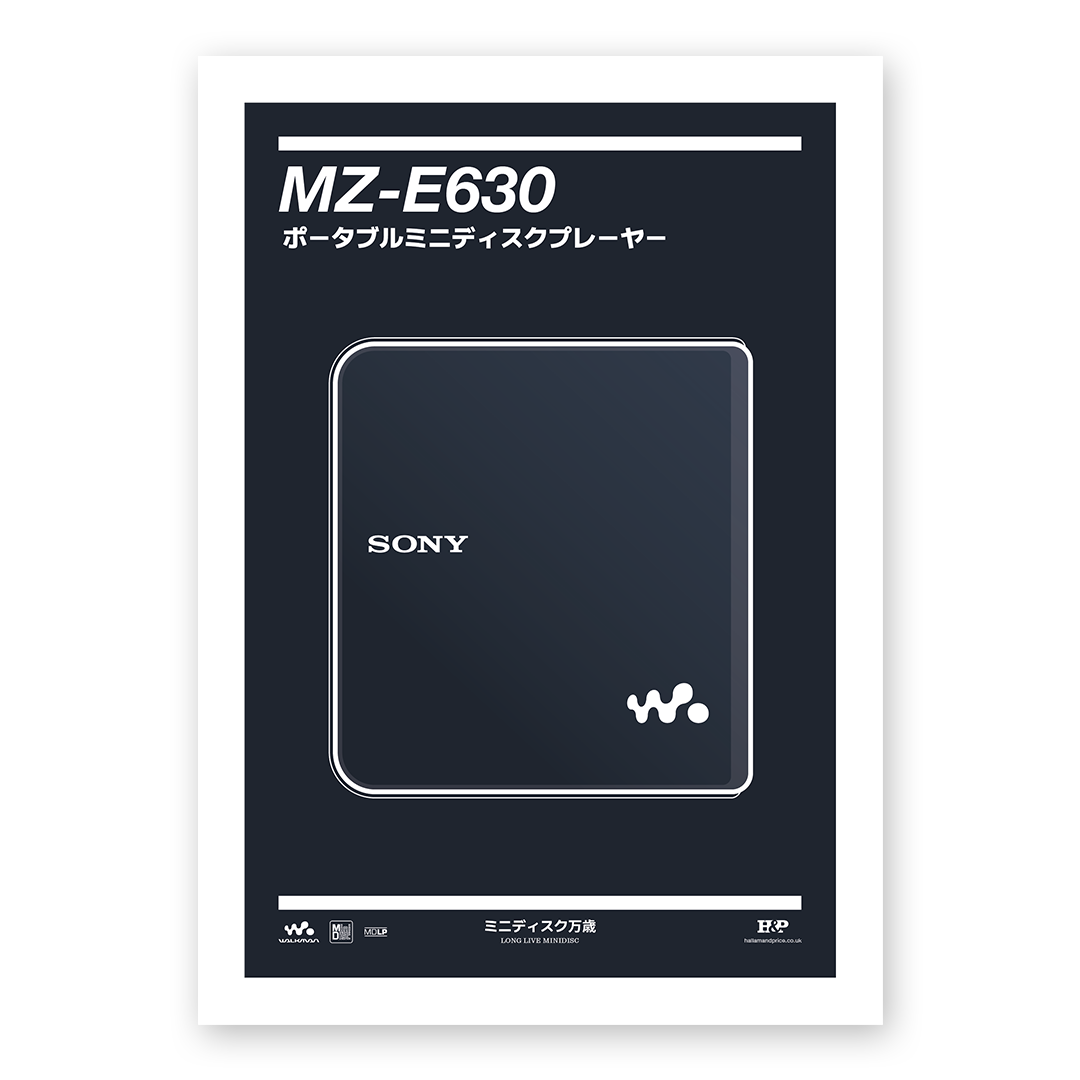 An original Sony MZ-E630 MiniDisc player poster design - a minimal illustration of Sony's iconic MZ-E630 MD player in the black colour way, on a clean black background.