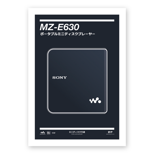An original Sony MZ-E630 MiniDisc player poster design - a minimal illustration of Sony's iconic MZ-E630 MD player in the black colour way, on a clean black background.