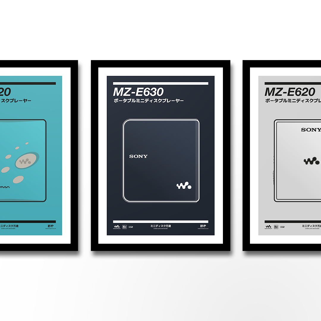 An original Sony MZ-E630 MiniDisc player poster design - a minimal illustration of Sony's iconic MZ-E630 MD player in the black colour way, on a clean black background.