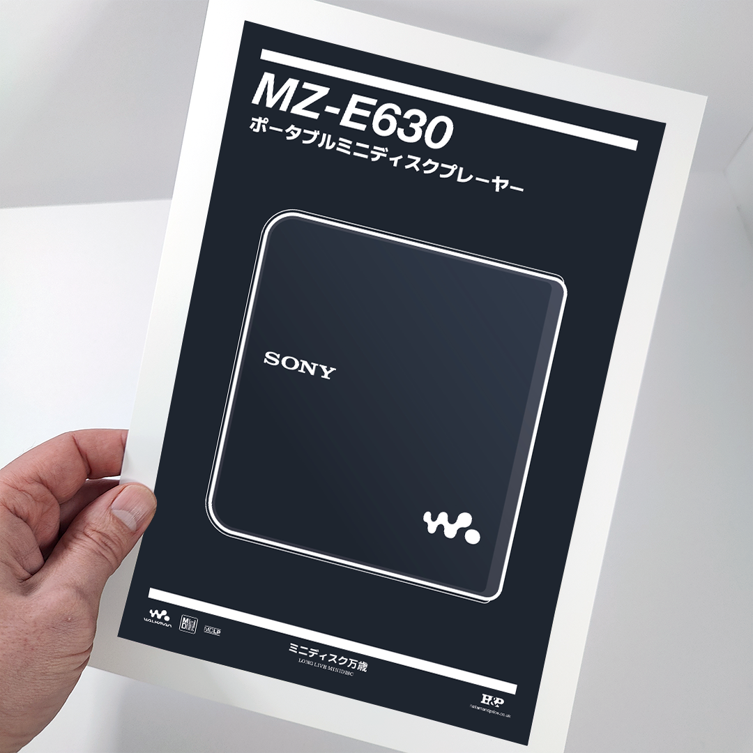 An original Sony MZ-E630 MiniDisc player poster design - a minimal illustration of Sony's iconic MZ-E630 MD player in the black colour way, on a clean black background.