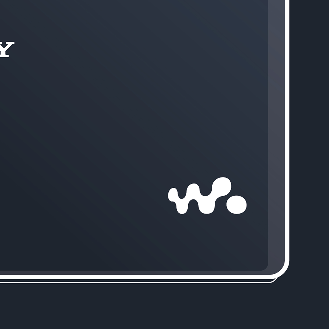 An original Sony MZ-E630 MiniDisc player poster design - a minimal illustration of Sony's iconic MZ-E630 MD player in the black colour way, on a clean black background.
