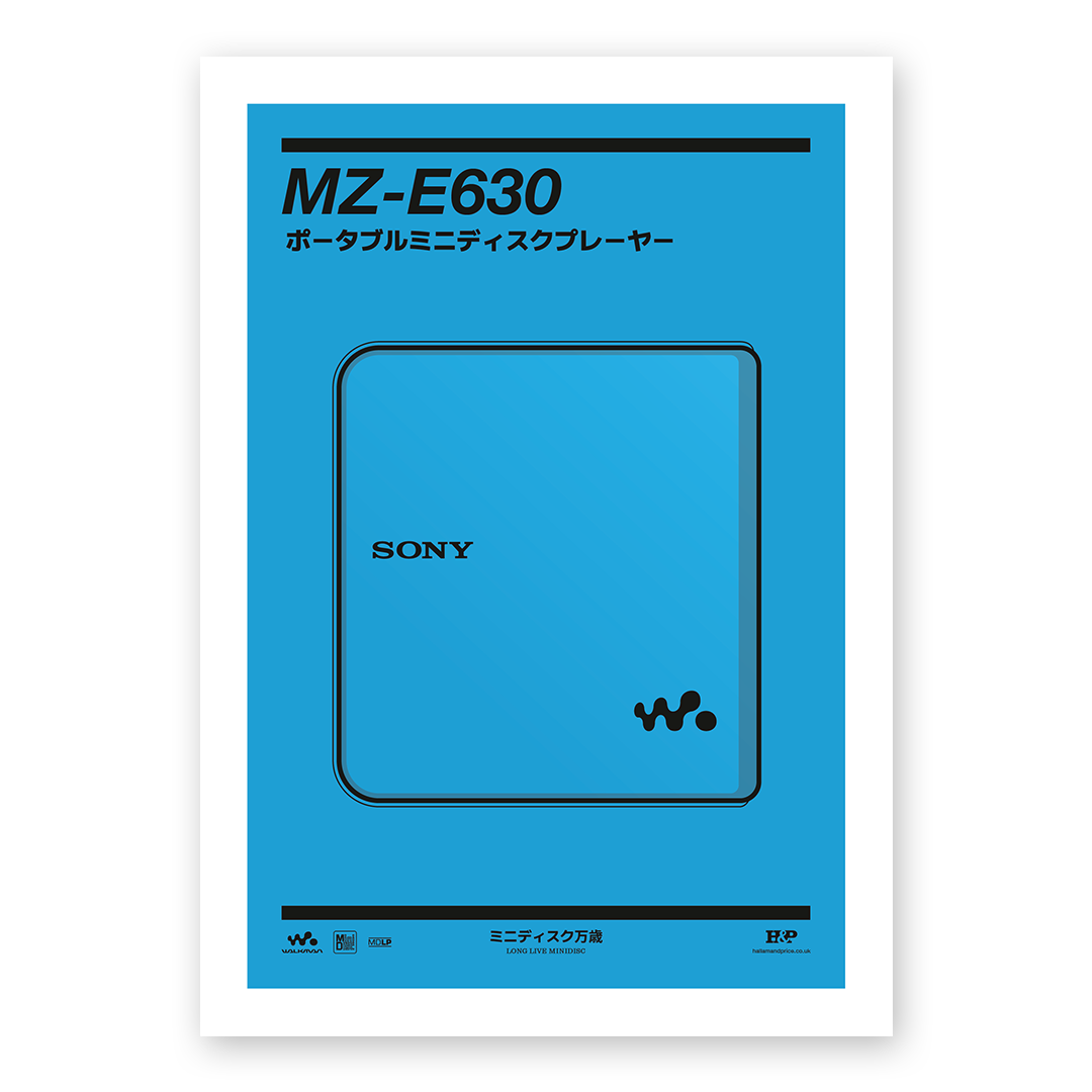 An original Sony MZ-E630 MiniDisc player poster design - a minimal illustration of Sony's iconic MZ-E630 MD player in the blue colour way, on a clean blue background.