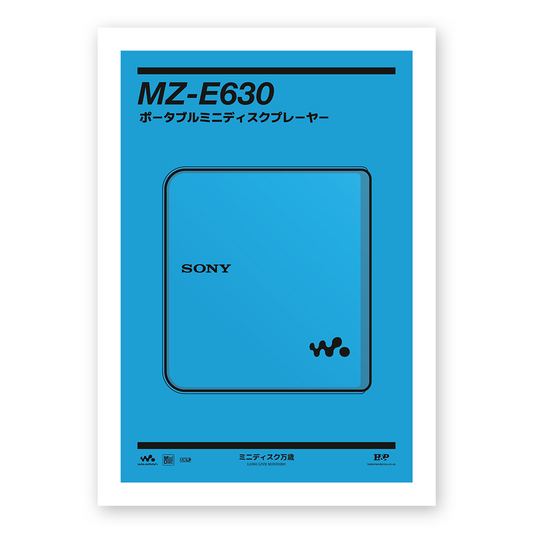 An original Sony MZ-E630 MiniDisc player poster design - a minimal illustration of Sony's iconic MZ-E630 MD player in the blue colour way, on a clean blue background.