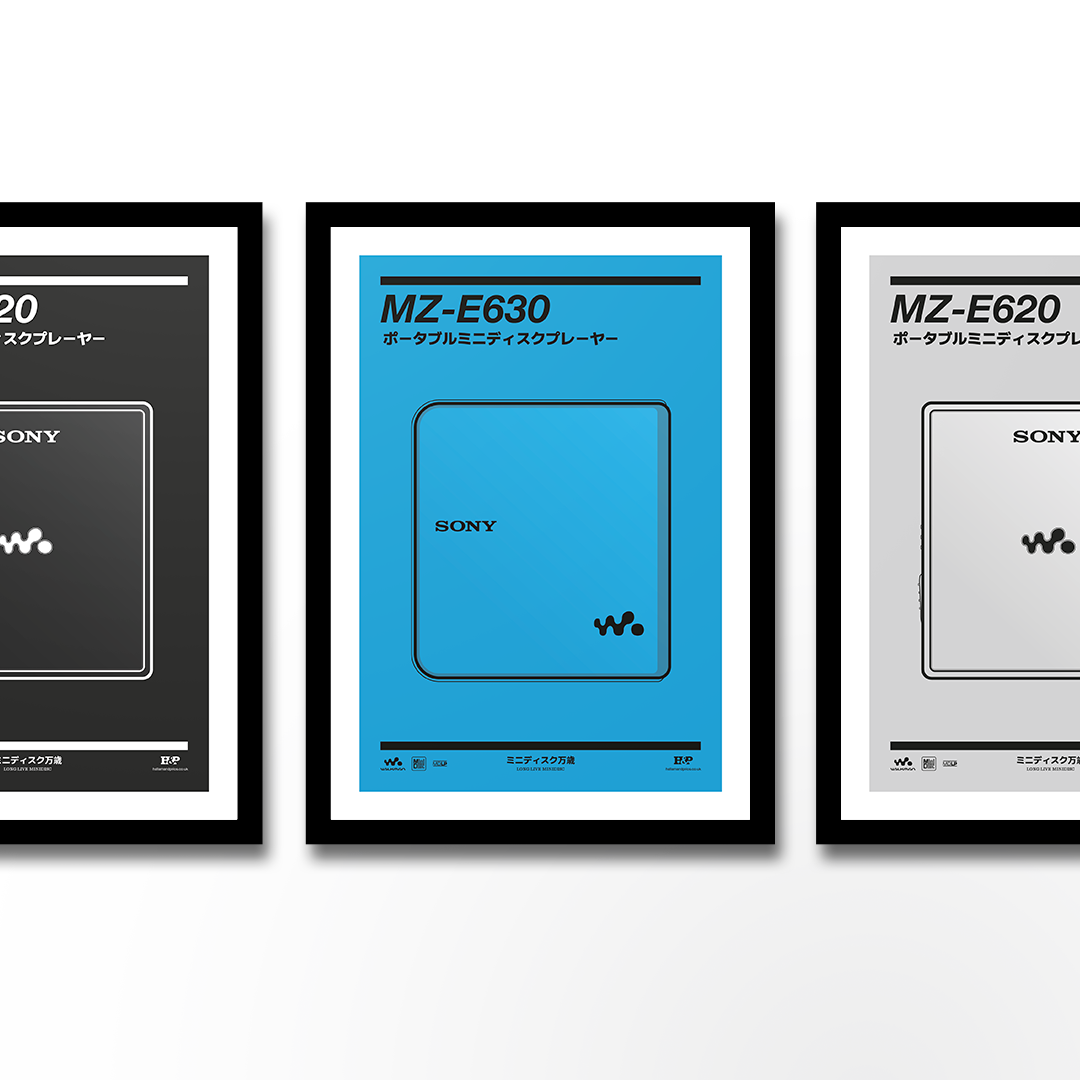 An original Sony MZ-E630 MiniDisc player poster design - a minimal illustration of Sony's iconic MZ-E630 MD player in the blue colour way, on a clean blue background.
