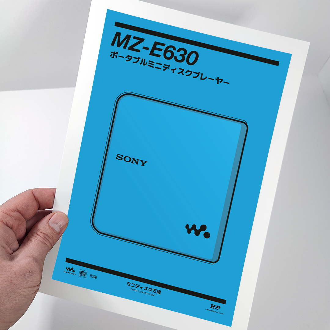 An original Sony MZ-E630 MiniDisc player poster design - a minimal illustration of Sony's iconic MZ-E630 MD player in the blue colour way, on a clean blue background.