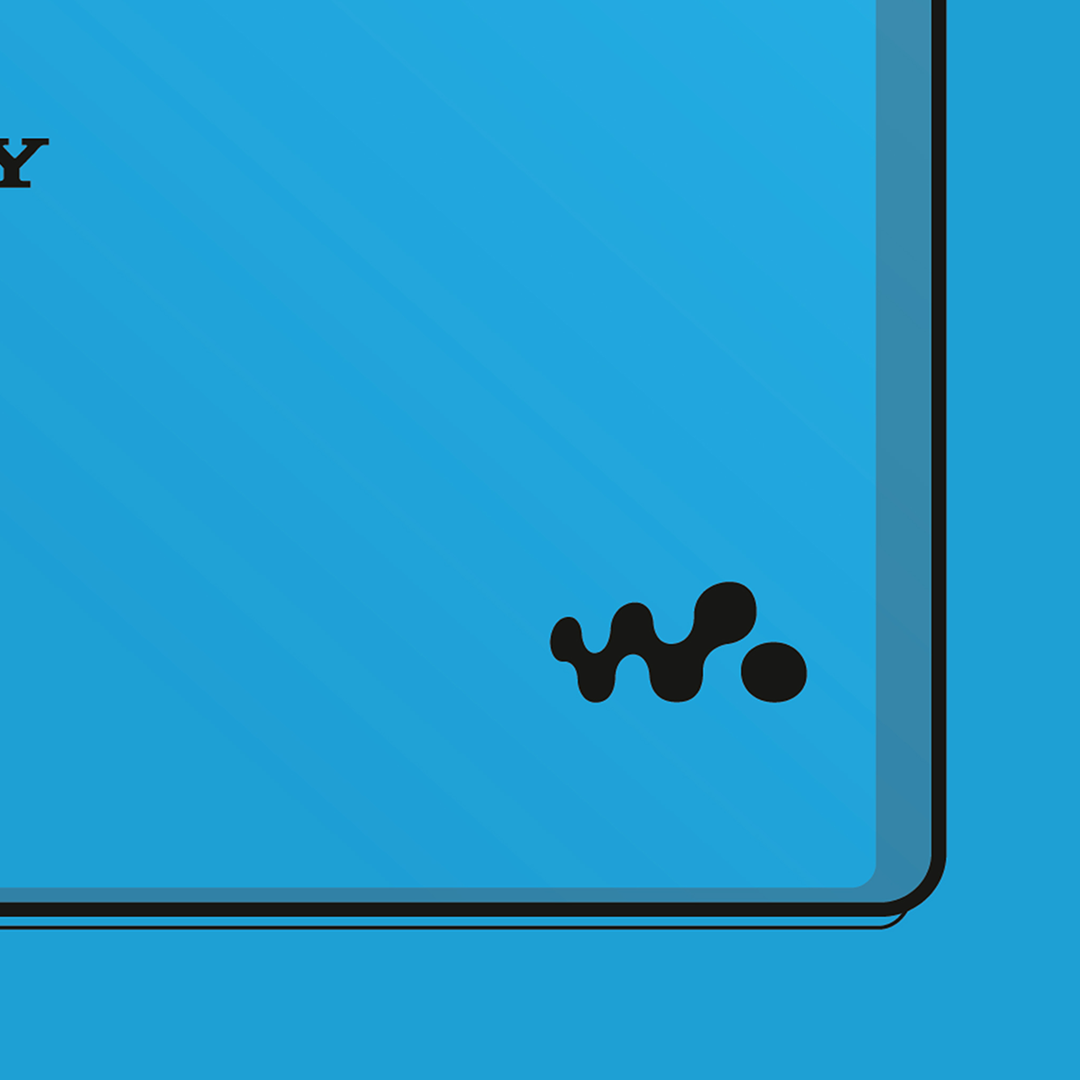 An original Sony MZ-E630 MiniDisc player poster design - a minimal illustration of Sony's iconic MZ-E630 MD player in the blue colour way, on a clean blue background.