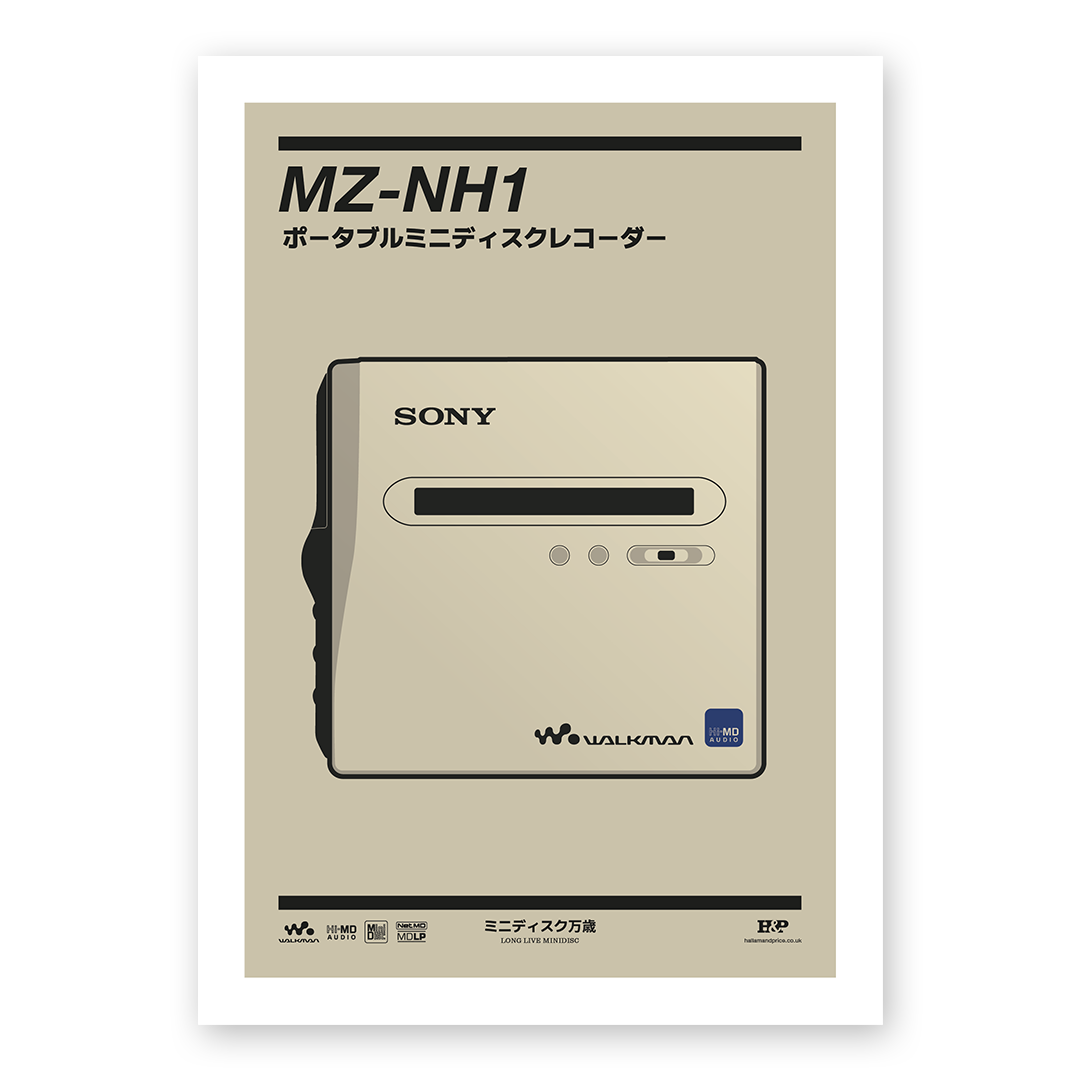 An original Sony MZ-NH1 MiniDisc recorder poster design - a minimal illustration of Sony's iconic MZ-NH1 MD player in the gold colour way, on a clean background.