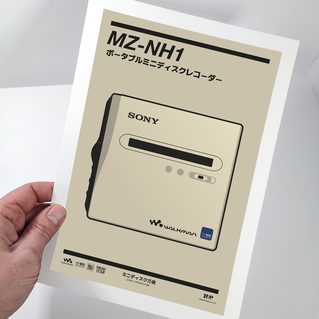 An original Sony MZ-NH1 MiniDisc recorder poster design - a minimal illustration of Sony's iconic MZ-NH1 MD player in the gold colour way, on a clean background.