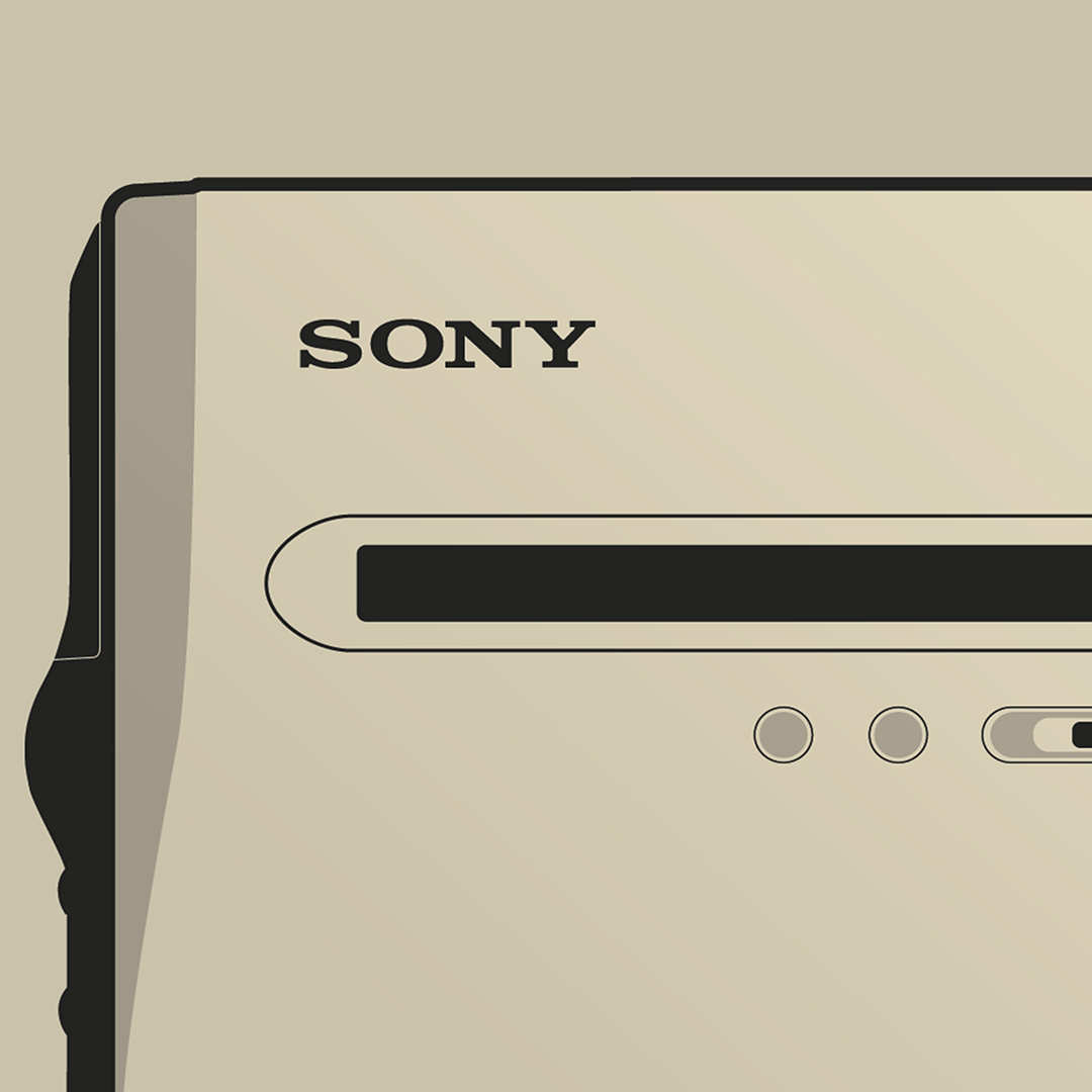An original Sony MZ-NH1 MiniDisc recorder poster design - a minimal illustration of Sony's iconic MZ-NH1 MD player in the gold colour way, on a clean background.