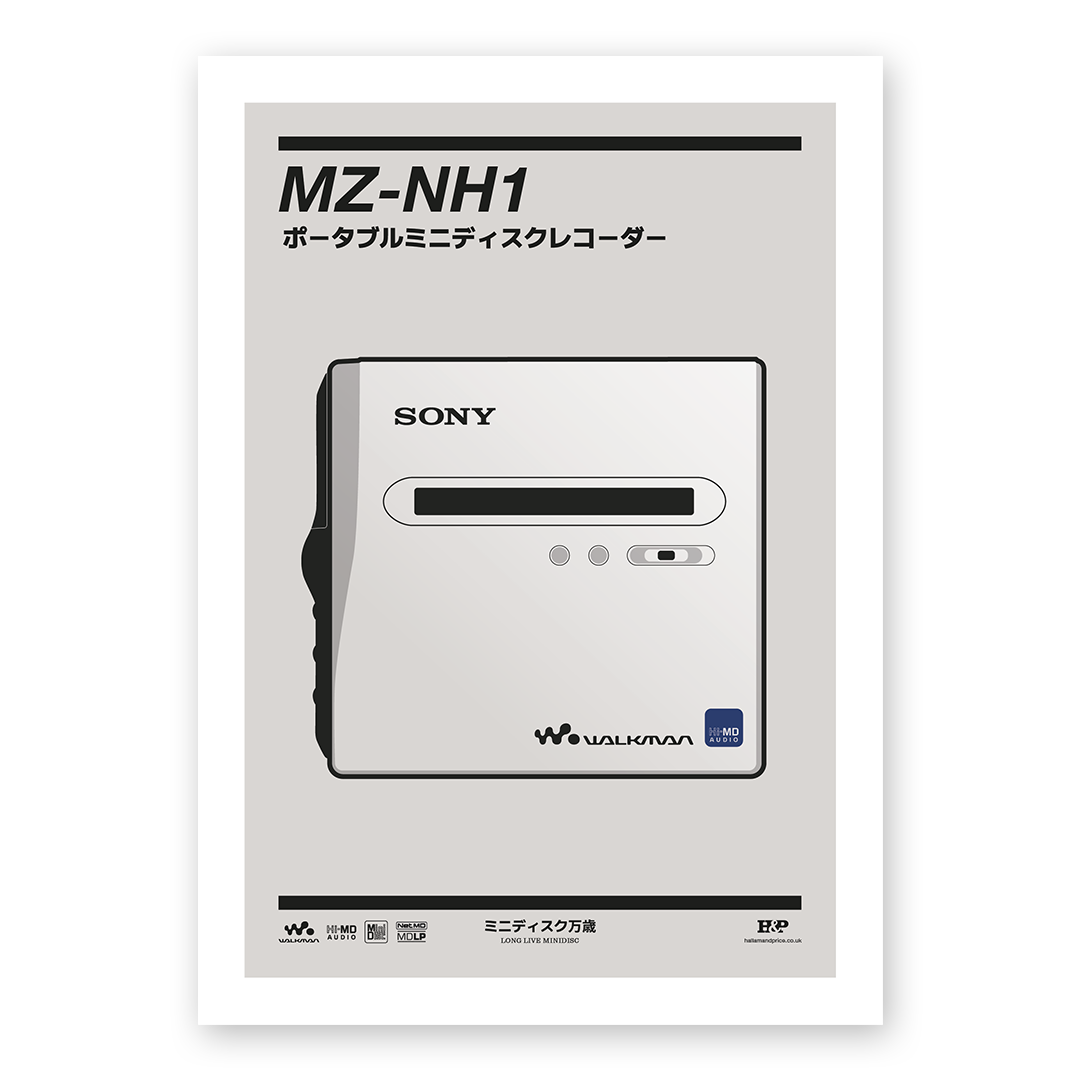 An original Sony MZ-NH1 MiniDisc recorder poster design - a minimal illustration of Sony's iconic MZ-NH1 MD player in the silver colour way, on a clean grey background.