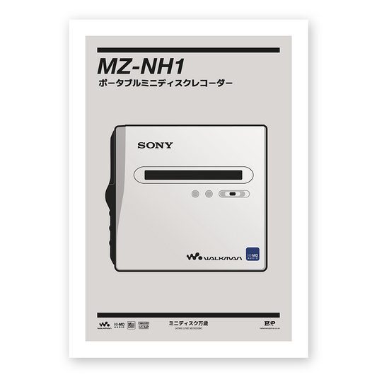 An original Sony MZ-NH1 MiniDisc recorder poster design - a minimal illustration of Sony's iconic MZ-NH1 MD player in the silver colour way, on a clean grey background.