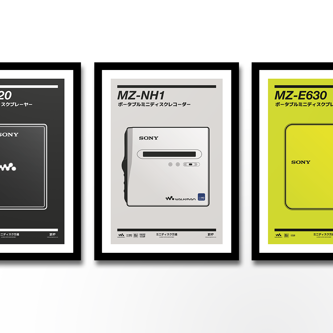 An original Sony MZ-NH1 MiniDisc recorder poster design - a minimal illustration of Sony's iconic MZ-NH1 MD player in the silver colour way, on a clean grey background.