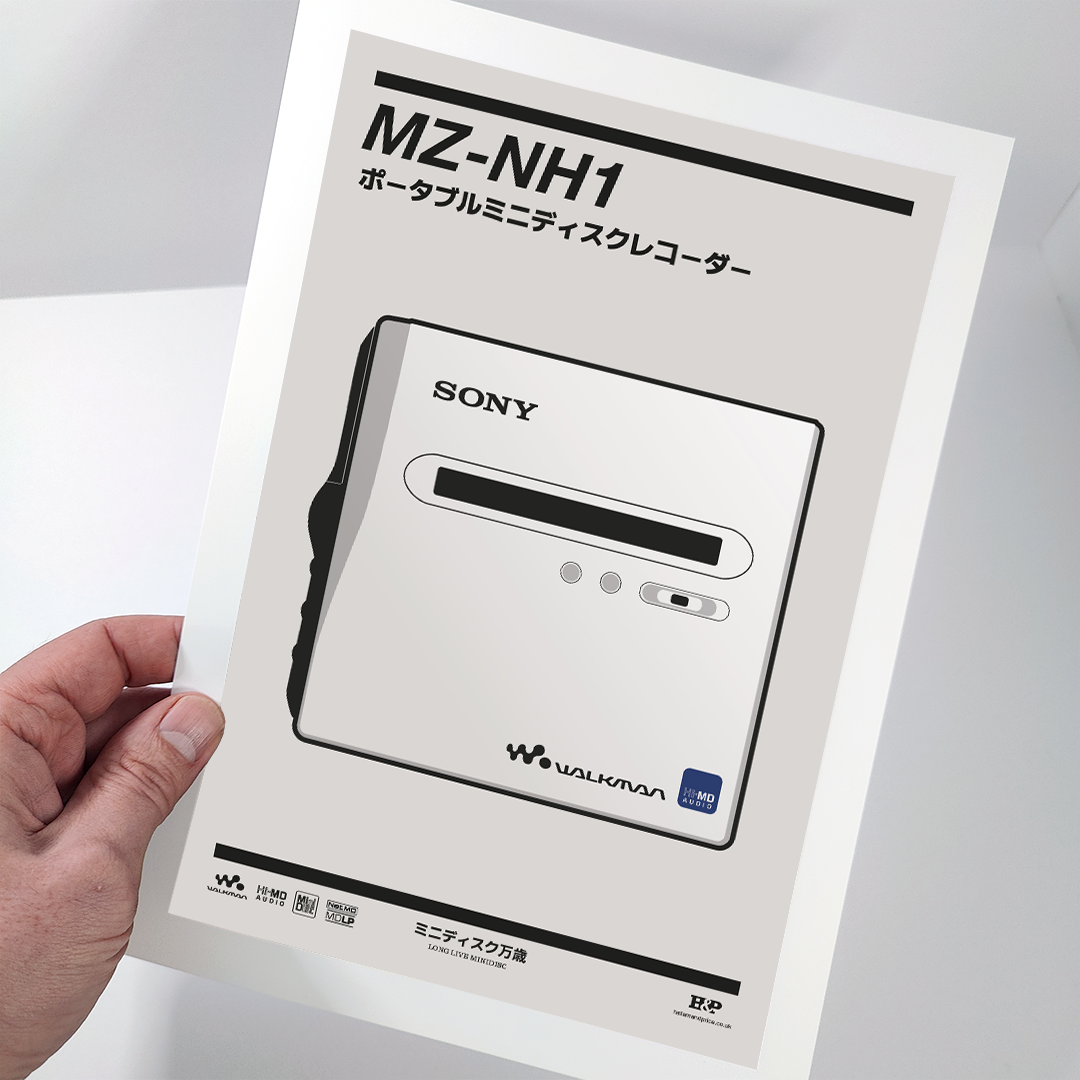 An original Sony MZ-NH1 MiniDisc recorder poster design - a minimal illustration of Sony's iconic MZ-NH1 MD player in the silver colour way, on a clean grey background.
