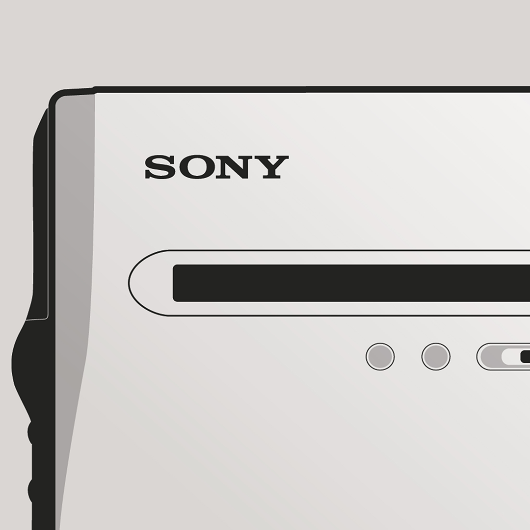 An original Sony MZ-NH1 MiniDisc recorder poster design - a minimal illustration of Sony's iconic MZ-NH1 MD player in the silver colour way, on a clean grey background.