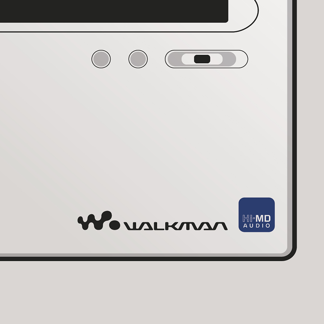 An original Sony MZ-NH1 MiniDisc recorder poster design - a minimal illustration of Sony's iconic MZ-NH1 MD player in the silver colour way, on a clean grey background.